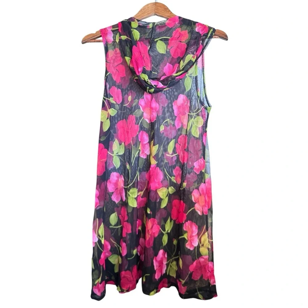 Sheer Black Pink Floral Hooded Cover-Up Dress -M/L Beach Resort Fairy Whimsigoth